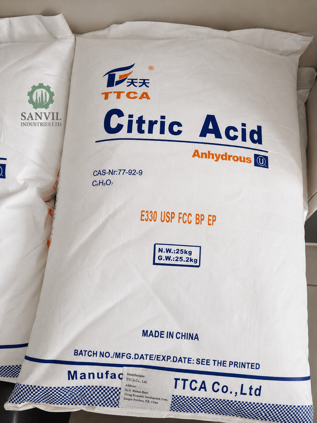 Premium Citric Acid (C₆H₈O₇) for food processing, beverages, pharmaceuticals, cosmetics, cleaning products, and industrial applications supplied by Sanvil Industries Ltd.