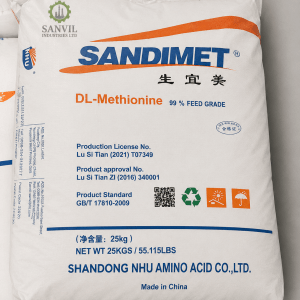 Premium DL-Methionine (C₅H₁₁NO₂S) for poultry feed, livestock nutrition, aquaculture, and animal feed manufacturing supplied by Sanvil Industries Ltd.