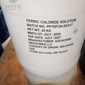 Premium-grade Ferric Chloride (FeCl₃) for water treatment, PCB manufacturing, metal finishing, and industrial applications supplied by Sanvil Industries Ltd.