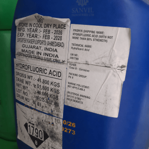 Premium Hydrofluoric Acid (HF) for glass etching, metal treatment, semiconductor manufacturing, and industrial applications supplied by Sanvil Industries Ltd.