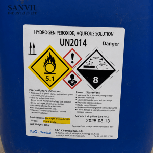 Premium-grade Hydrogen Peroxide (H₂O₂) for water treatment, textile bleaching, paper manufacturing, and industrial applications supplied by Sanvil Industries Ltd.