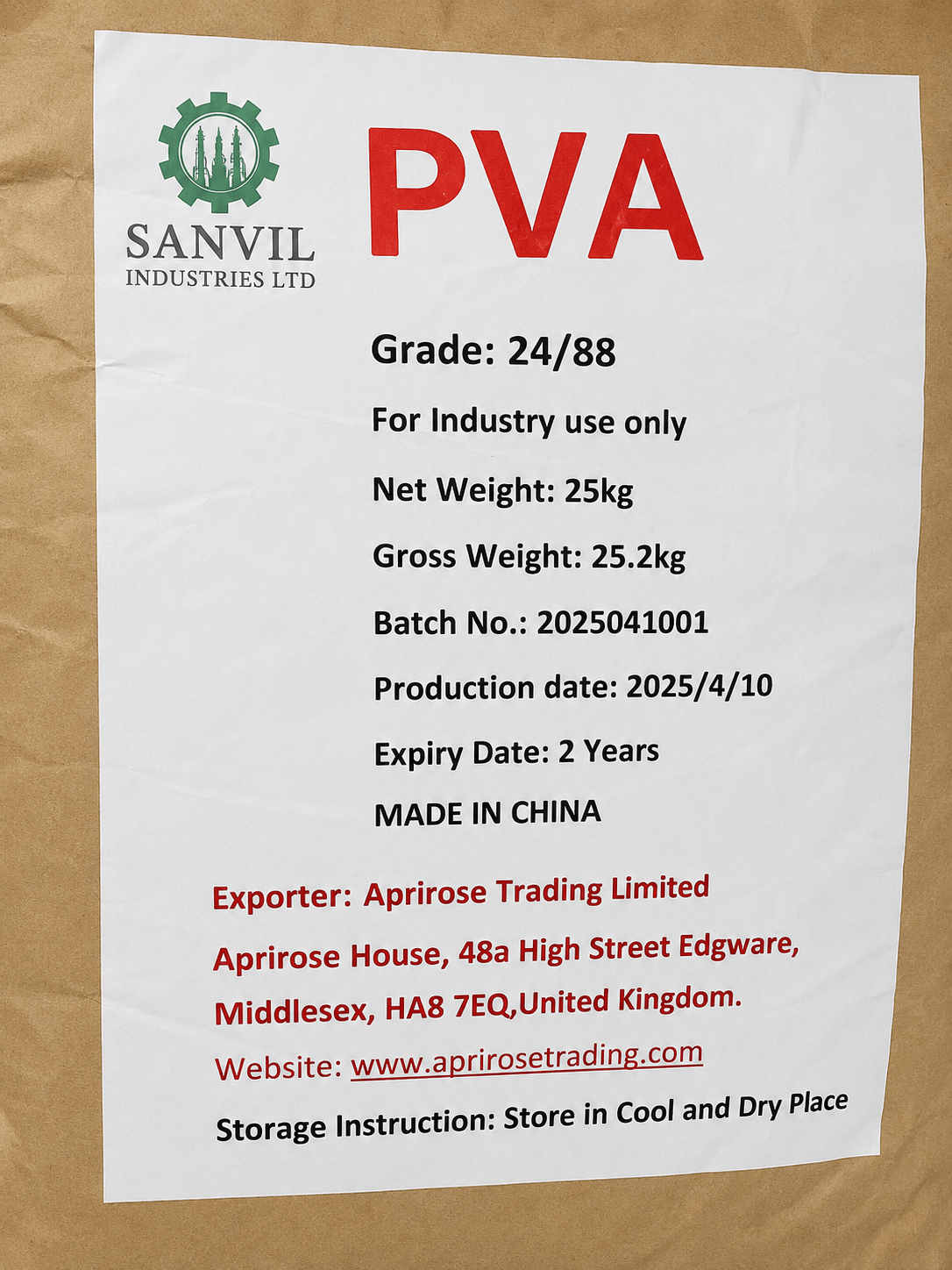 Premium Polyvinyl Alcohol (PVA) for adhesives, paints, paper, textiles, construction, and industrial applications supplied by Sanvil Industries Ltd.