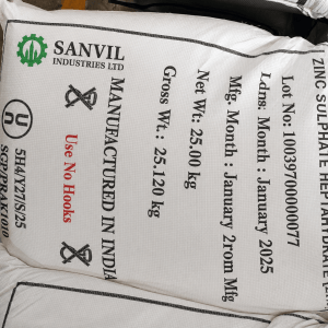 Premium Zinc Sulphate Heptahydrate (ZnSO₄·7H₂O) for fertilizers, animal feed, agriculture, and industrial applications supplied by Sanvil Industries Ltd.