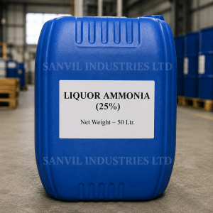 Premium Ammonium Solution (NH₄OH) for water treatment, cleaning products, chemical manufacturing, textiles, and industrial applications supplied by Sanvil Industries Ltd.