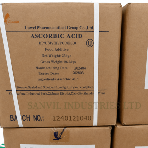Premium Ascorbic Acid (Vitamin C) (C₆H₈O₆) for food processing, beverages, pharmaceuticals, cosmetics, and supplements supplied by Sanvil Industries Ltd.