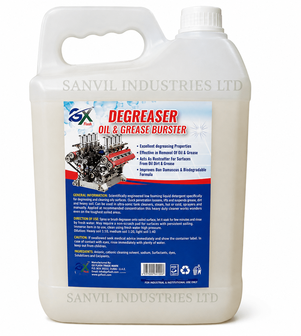 Premium Degreaser for automotive workshops, machinery, industrial equipment, and heavy-duty cleaning supplied by Sanvil Industries Ltd.
