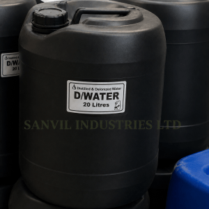 High-purity Distilled Water (H₂O) for laboratories, batteries, pharmaceuticals, cosmetics, and industrial applications supplied by Sanvil Industries Ltd.