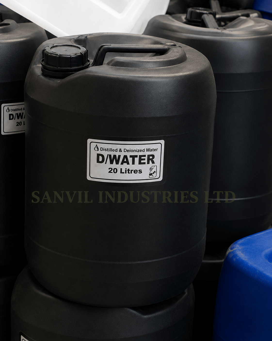 High-purity Distilled Water (H₂O) for laboratories, batteries, pharmaceuticals, cosmetics, and industrial applications supplied by Sanvil Industries Ltd.