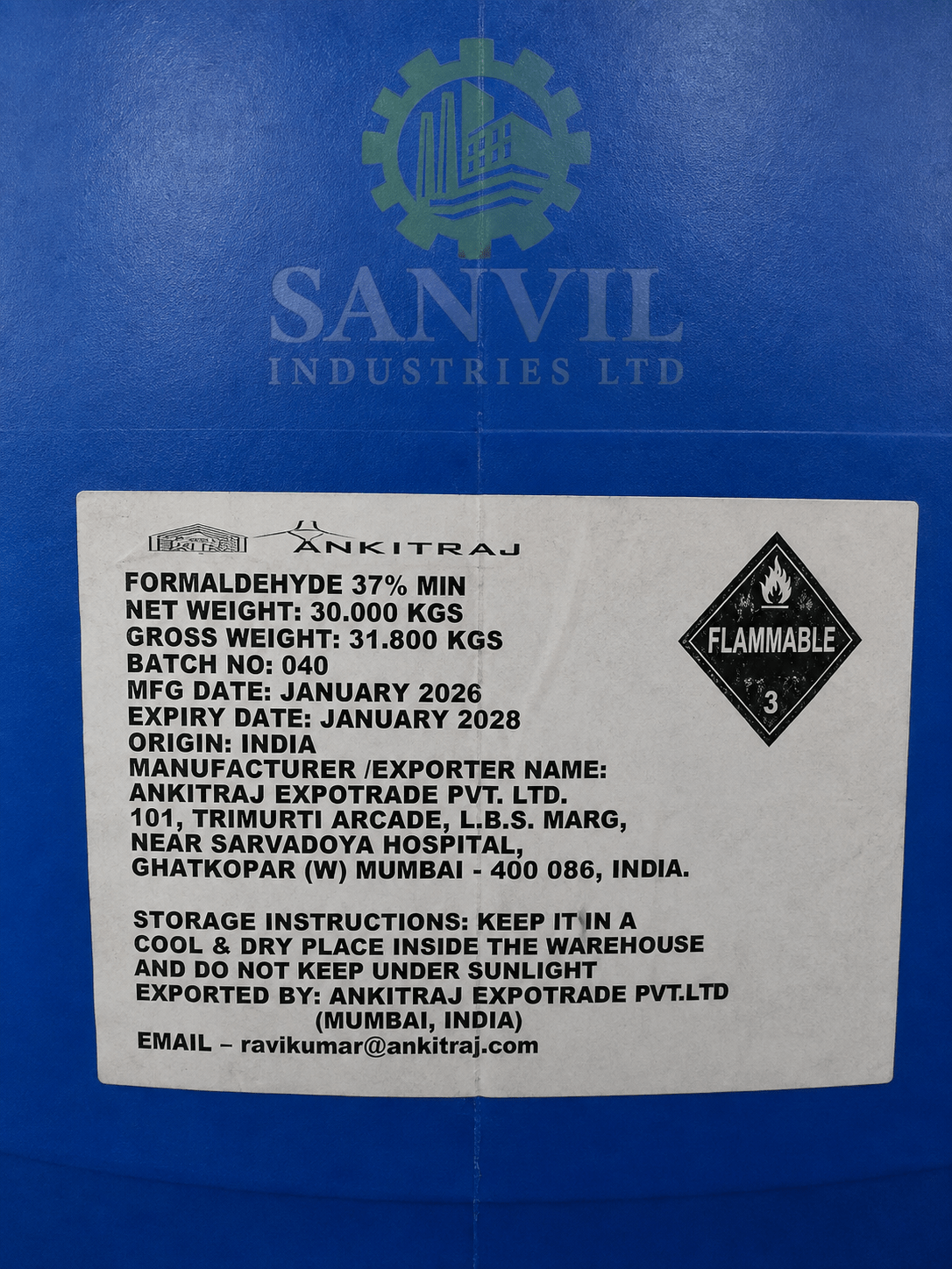 Premium Formaldehyde (CH₂O) for resin manufacturing, wood processing, textile finishing, and industrial applications supplied by Sanvil Industries Ltd.