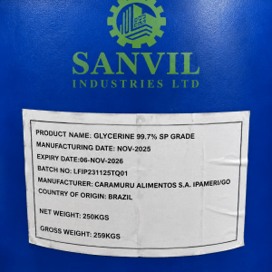 Premium Glycerine (C₃H₈O₃) for cosmetics, pharmaceuticals, food processing, and industrial applications supplied by Sanvil Industries Ltd.