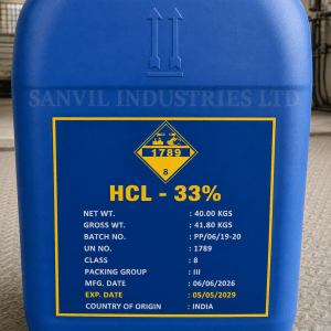 Premium Hydrochloric Acid 33% (HCl) for water treatment, metal cleaning, pH control, construction, and industrial applications supplied by Sanvil Industries Ltd.