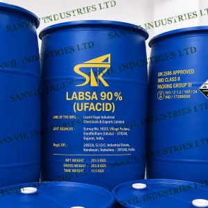 Premium LABSA (C₁₈H₃₀O₃S) for detergents, liquid soaps, dishwashing liquids, and industrial cleaning applications supplied by Sanvil Industries Ltd.
