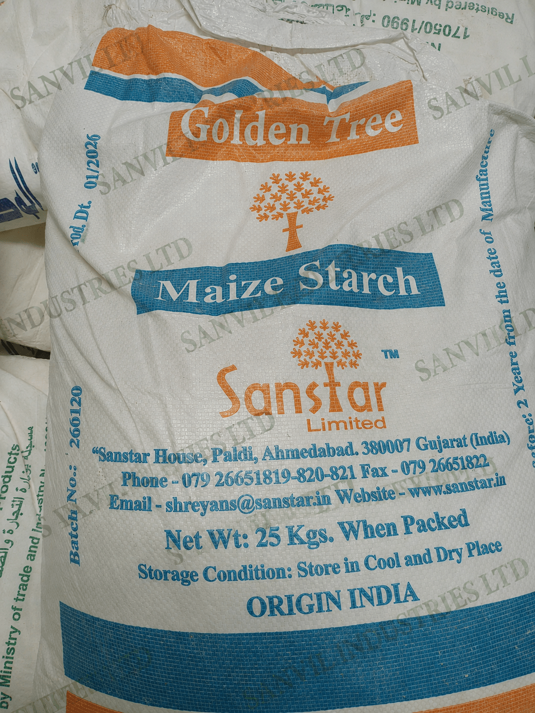 Premium Maize Starch ((C₆H₁₀O₅)ₙ) for food processing, pharmaceuticals, paper, textiles, and industrial applications supplied by Sanvil Industries Ltd.