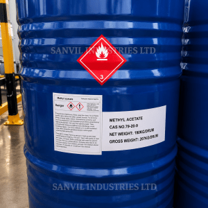 Premium Methyl Acetate (C₃H₆O₂) for paints, coatings, adhesives, printing inks, industrial cleaning, and chemical manufacturing supplied by Sanvil Industries Ltd.