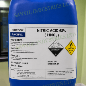 Premium Nitric Acid 68% (HNO₃) for metal treatment, fertilizer manufacturing, laboratories, and industrial applications supplied by Sanvil Industries Ltd.