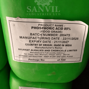 Premium Phosphoric Acid (H₃PO₄) for fertilizer manufacturing, food processing, water treatment, and industrial applications supplied by Sanvil Industries Ltd.