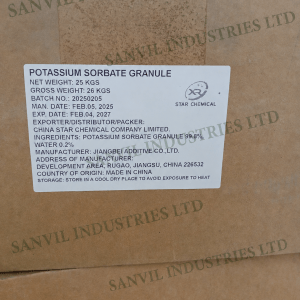 Premium Potassium Sorbate Granules (C₆H₇KO₂) for food, beverages, pharmaceuticals, cosmetics, and industrial applications supplied by Sanvil Industries Ltd.