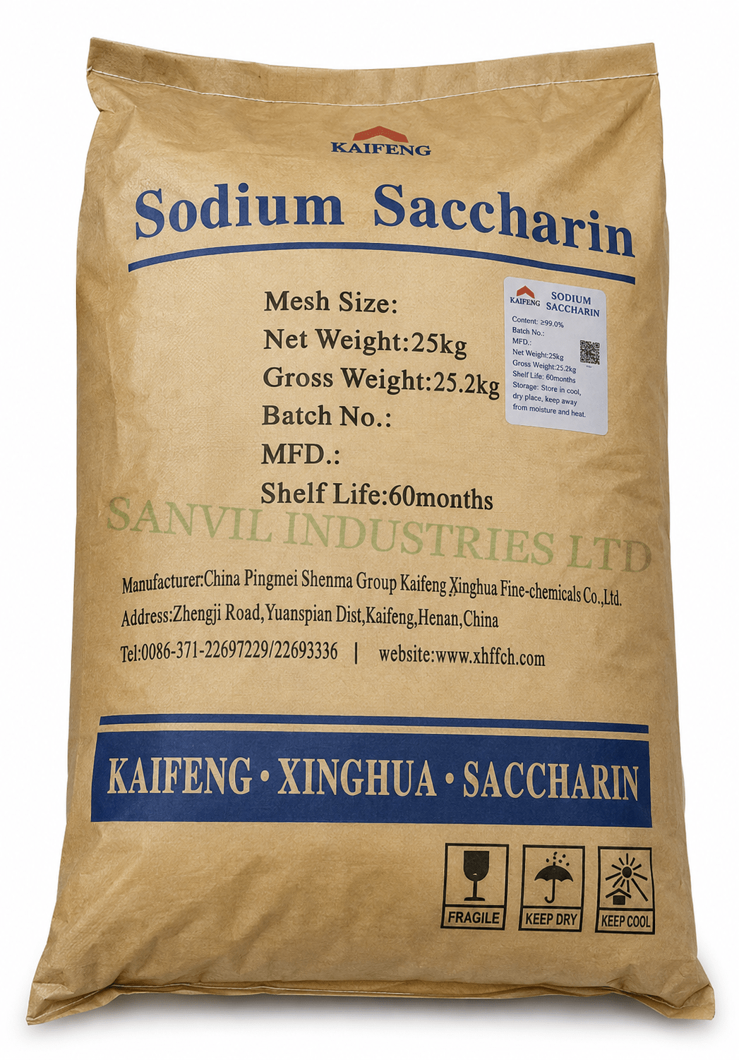 Premium Sodium Saccharin (C₇H₄NNaO₃S) for food processing, beverages, pharmaceuticals, confectionery, and tabletop sweeteners supplied by Sanvil Industries Ltd.