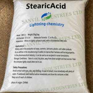 Premium Stearic Acid (C₁₈H₃₆O₂) for cosmetics, soap manufacturing, candles, rubber, plastics, pharmaceuticals, and industrial applications supplied by Sanvil Industries Ltd.