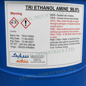 Premium Triethanolamine (TEA) 99.9% (C₆H₁₅NO₃) for cosmetics, detergents, cement, paints, textiles, and industrial applications supplied by Sanvil Industries Ltd.
