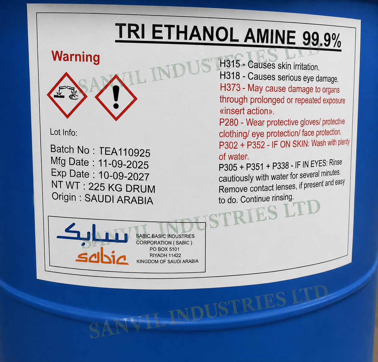Premium Triethanolamine (TEA) 99.9% (C₆H₁₅NO₃) for cosmetics, detergents, cement, paints, textiles, and industrial applications supplied by Sanvil Industries Ltd.